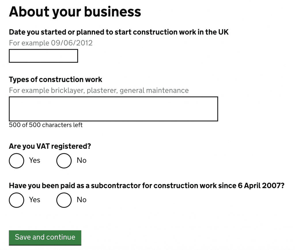 register as a CIS subcontractor business details