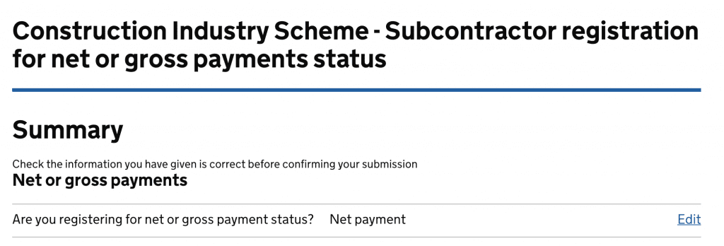 register as a CIS subcontractor check your summary