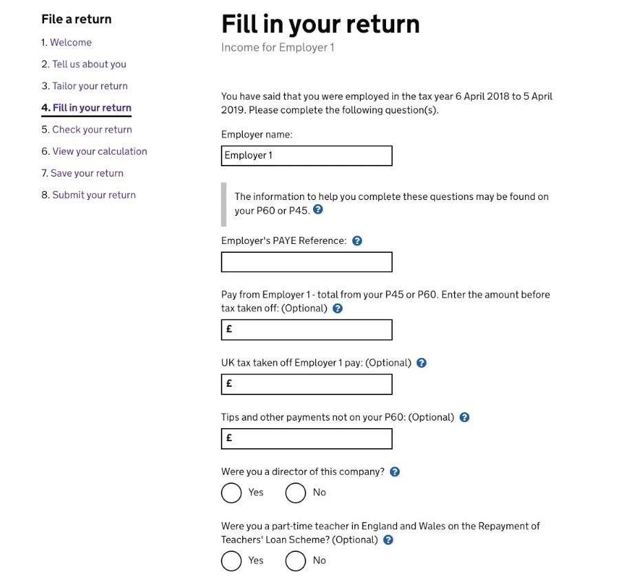 completing the employment page of the tax return