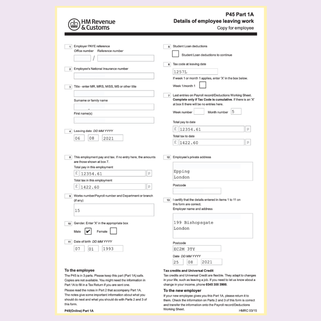 P45 form part 1a